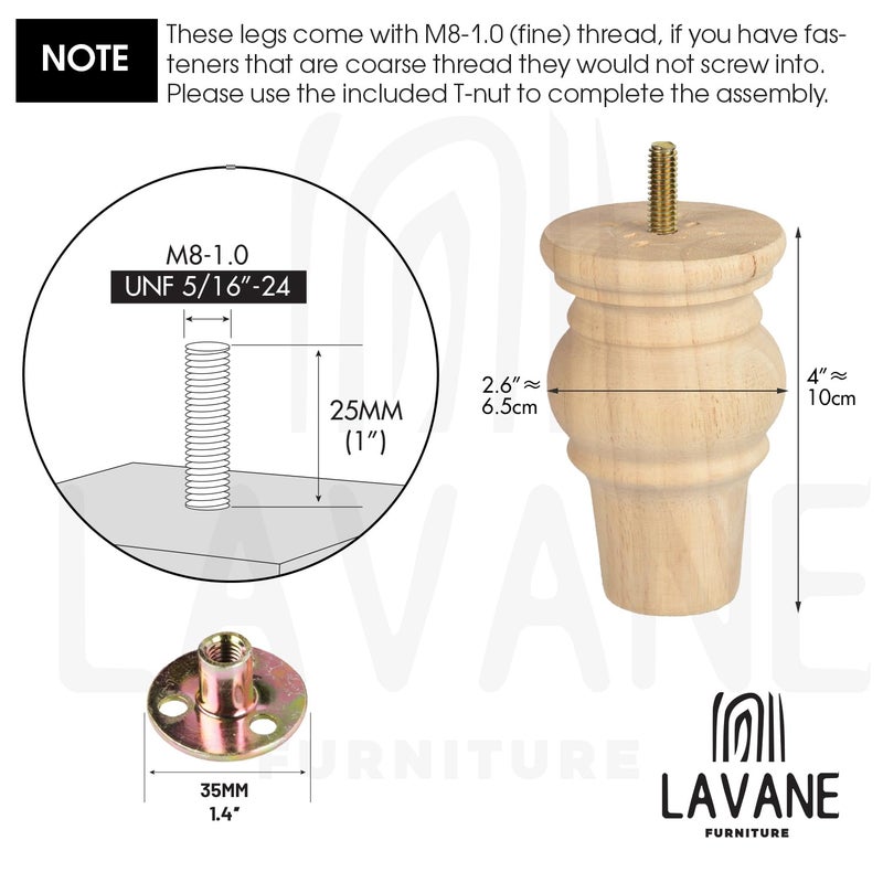 La Vane 4 inch / 10cm Unfinished Wooden Furniture Legs, 4PCS Soild Wood Turned Spindle Replacement Bun Feet with Pre-Drilled M8 Inch Bolt & Mounting Plate for Sofa Couch Chair Ottoman - Image 4